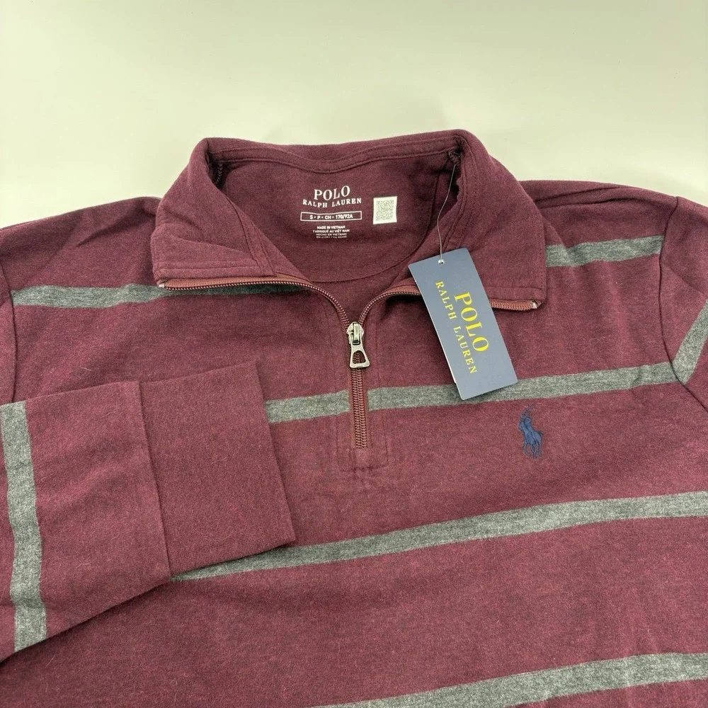 Polo Ralph Lauren Mens 1/4 Zip Sweater Long Sleeve Maroon Red Gray Striped SZ Sm